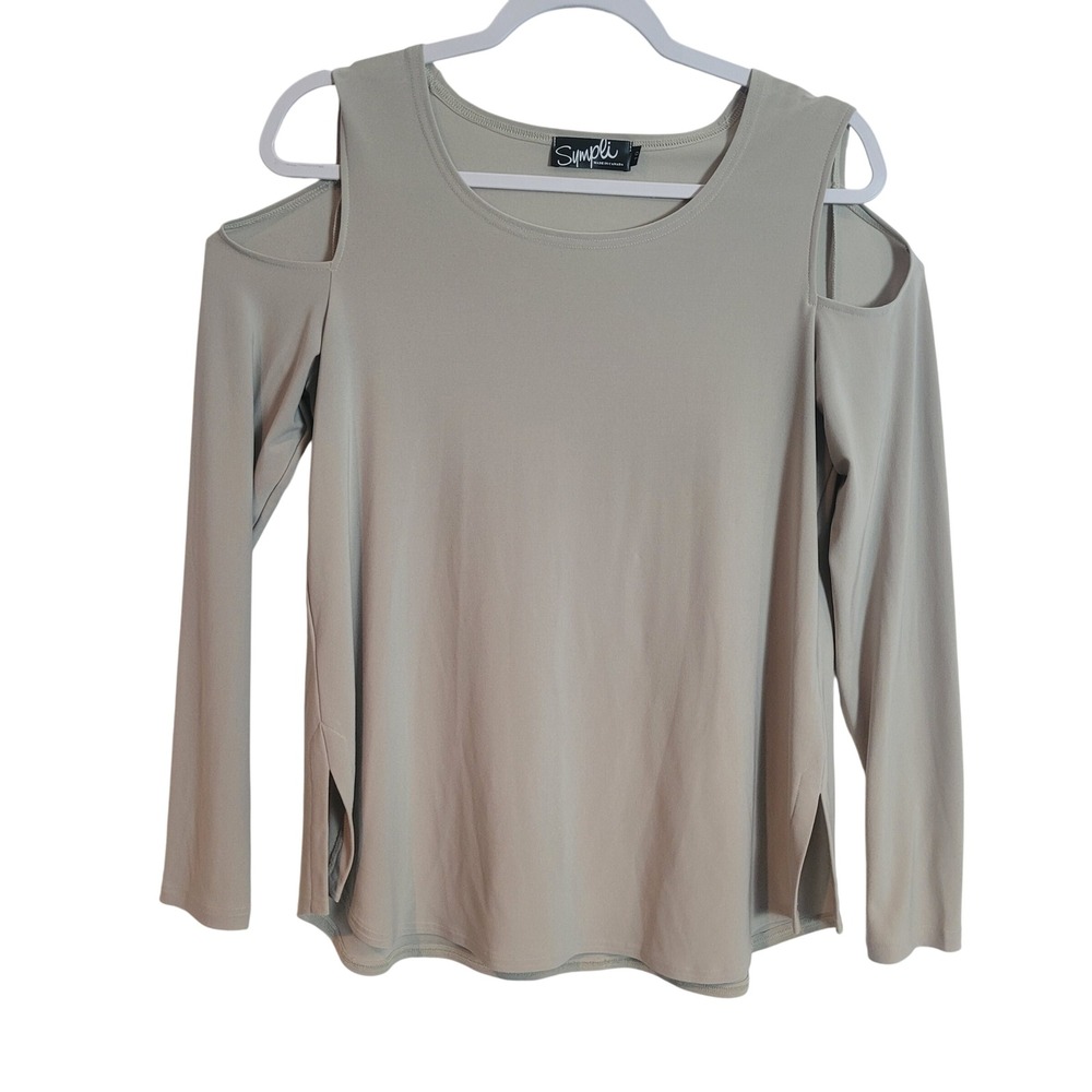 Sympli Womens Cold Shoulder Long Sleeve Top Taupe Gray Side Slit Canada Size 10